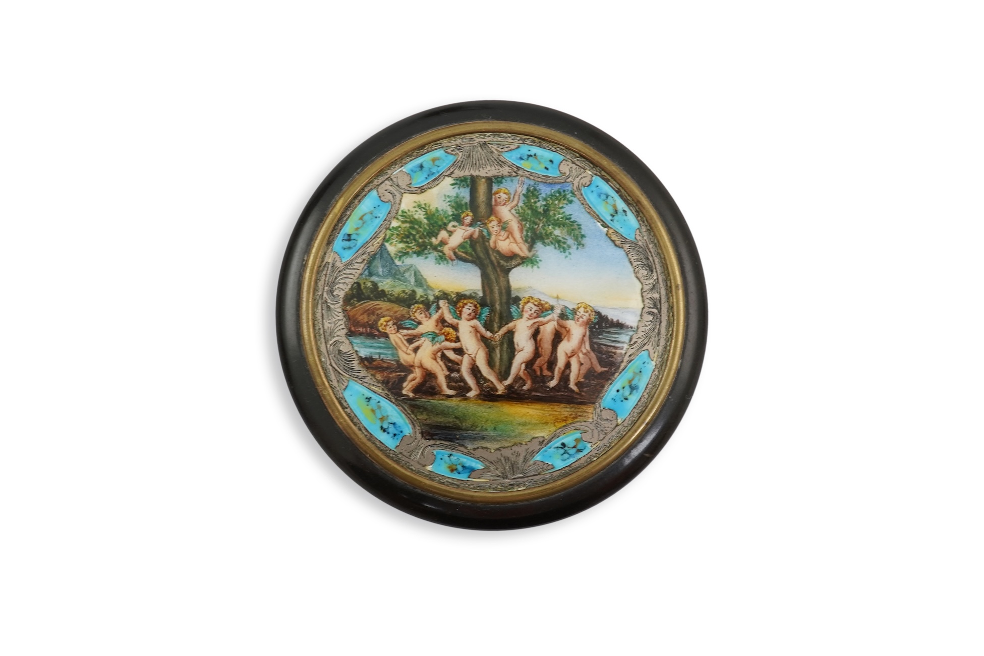 A 19th century Italian? silver and enamel mounted circular tortoiseshell box and cover